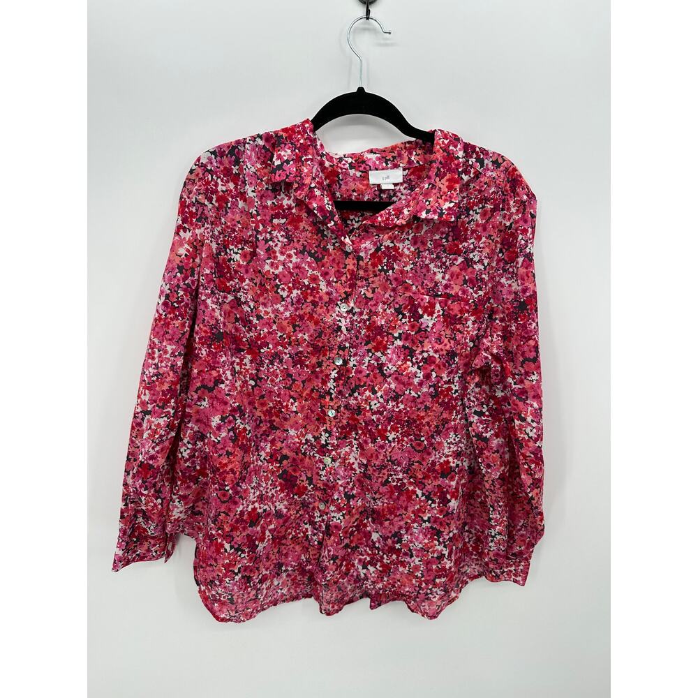 J. Jill Womens Pink Microfloral Button Down Cotton Shirt Lightweight Casual Sz L